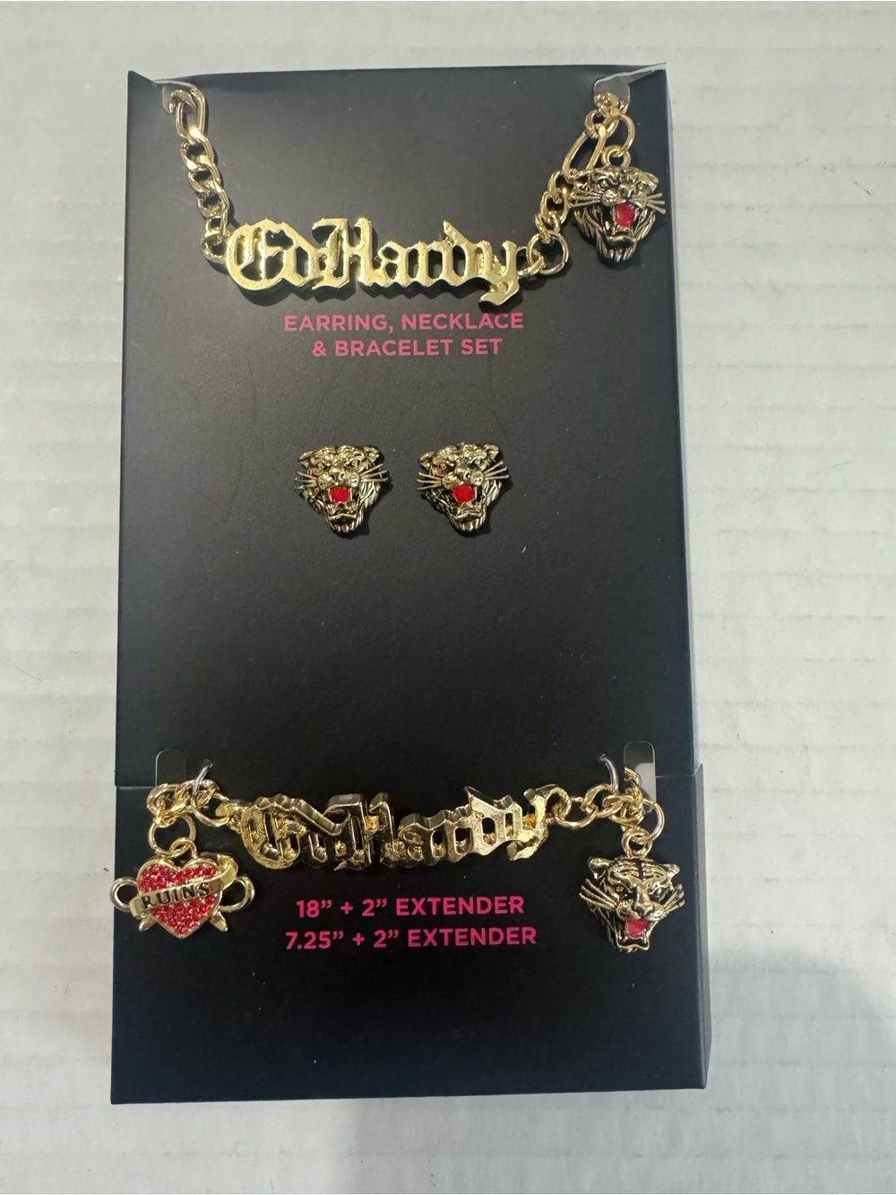 Ed hardy gold tone tiger necklace bracelet earring jewelry set Bnib